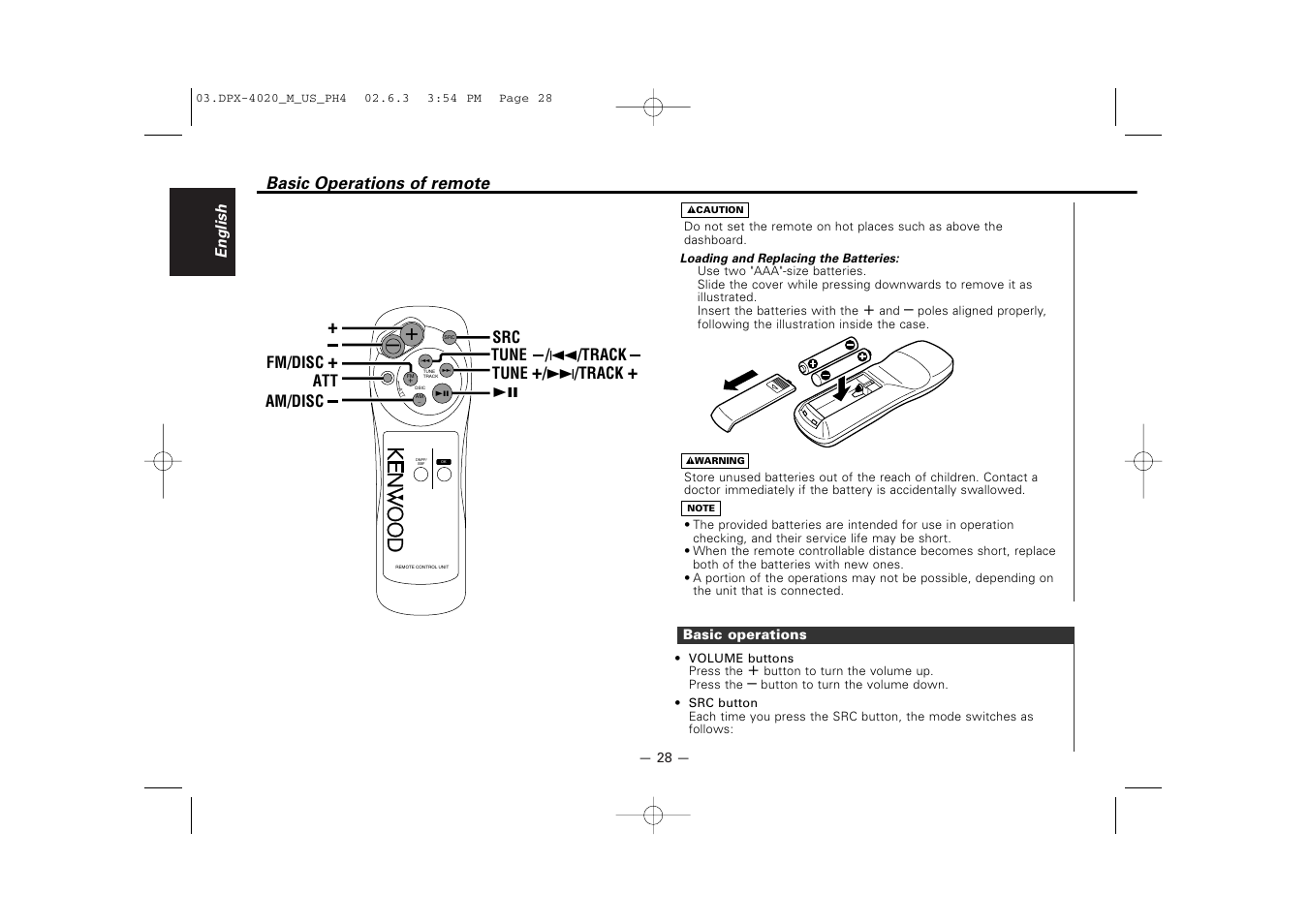 Basic operations of remote | Kenwood DPX-4020PH4 User Manual | Page 28 / 36