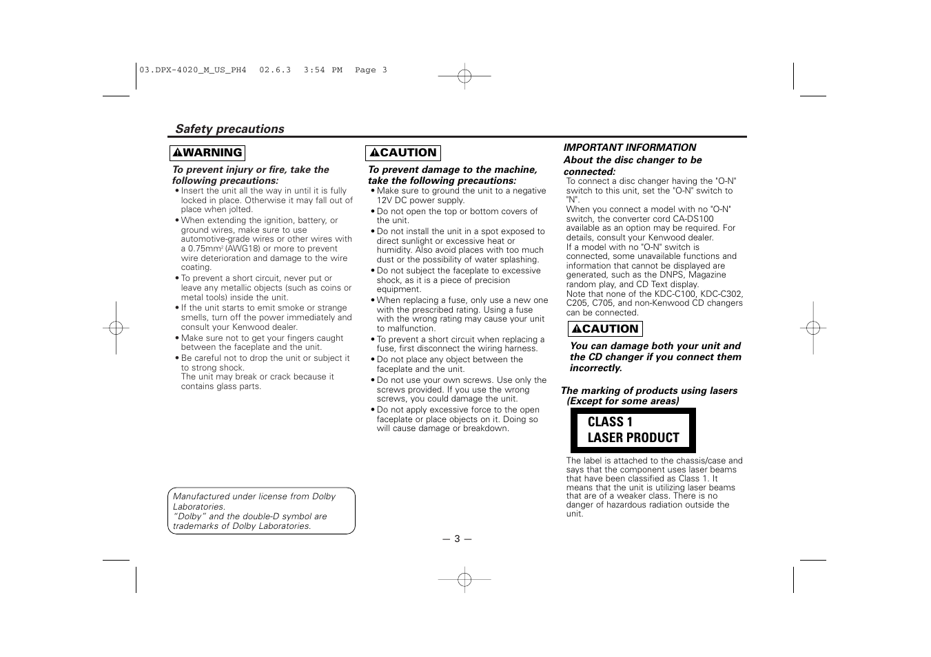 Safety precautions, Class 1 laser product | Kenwood DPX-4020PH4 User Manual | Page 3 / 36