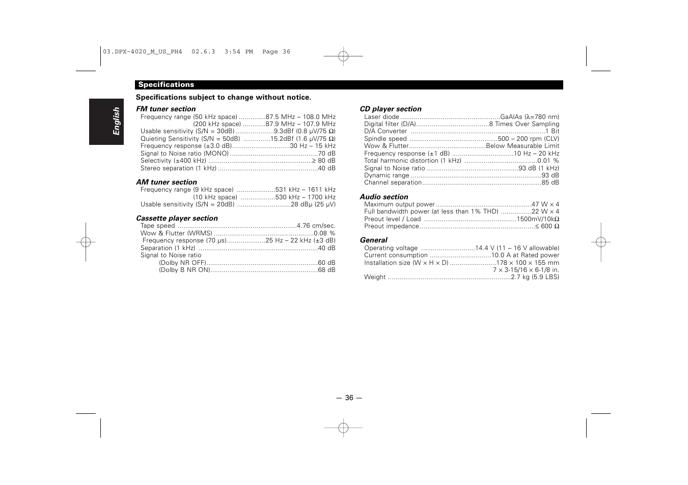 Specifications | Kenwood DPX-4020PH4 User Manual | Page 36 / 36