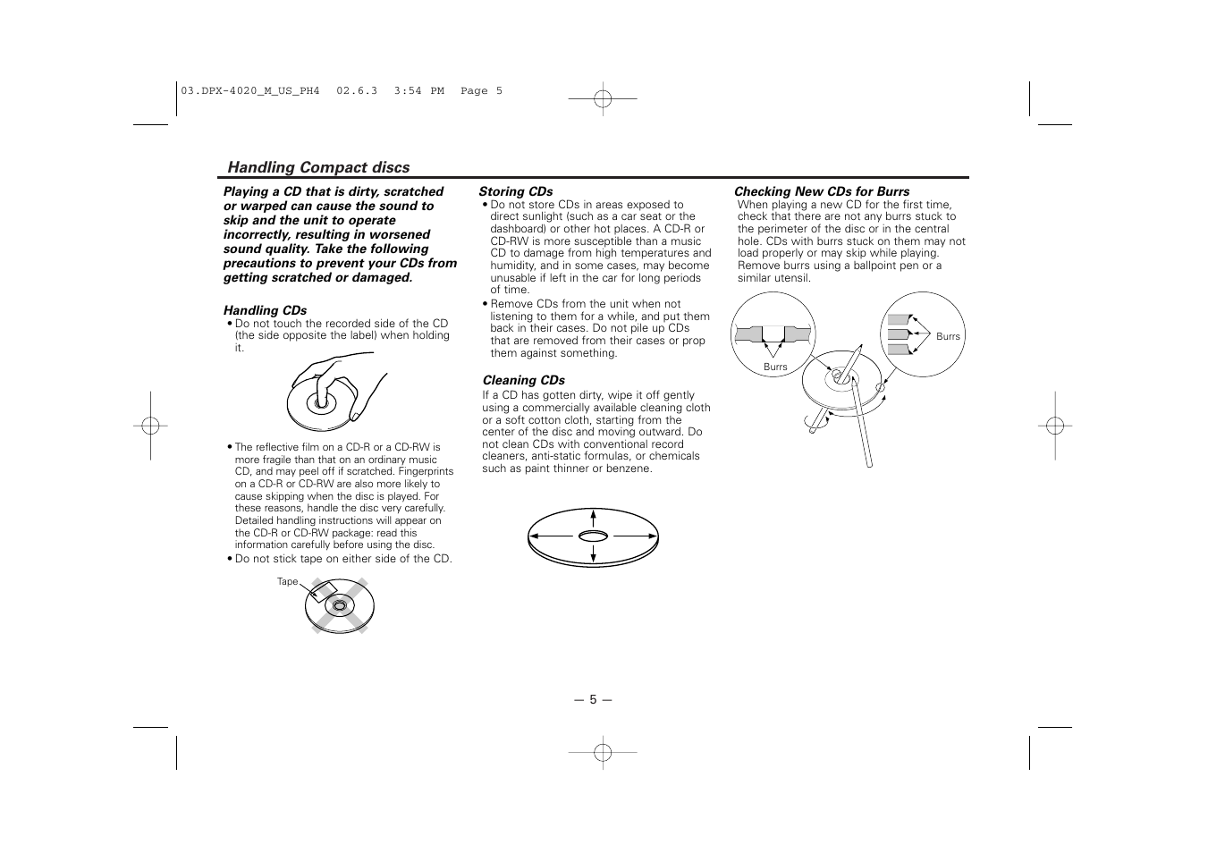 Handling compact discs | Kenwood DPX-4020PH4 User Manual | Page 5 / 36