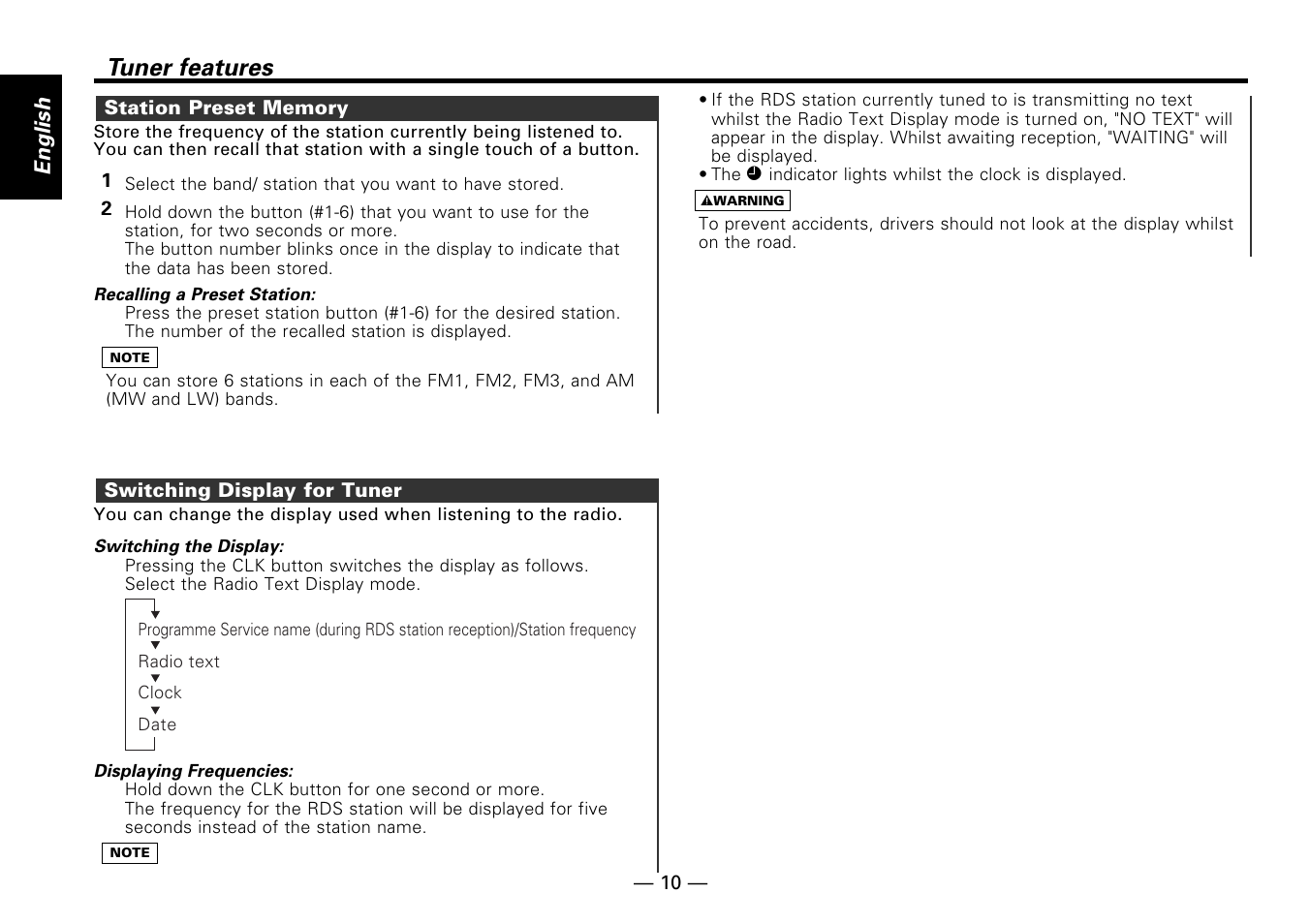 Tuner features, English | Kenwood KMD-673R User Manual | Page 10 / 36