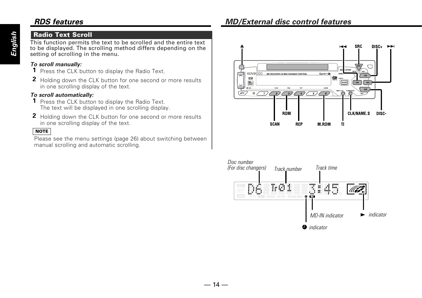 Md/external disc control features, Rds features | Kenwood KMD-673R User Manual | Page 14 / 36