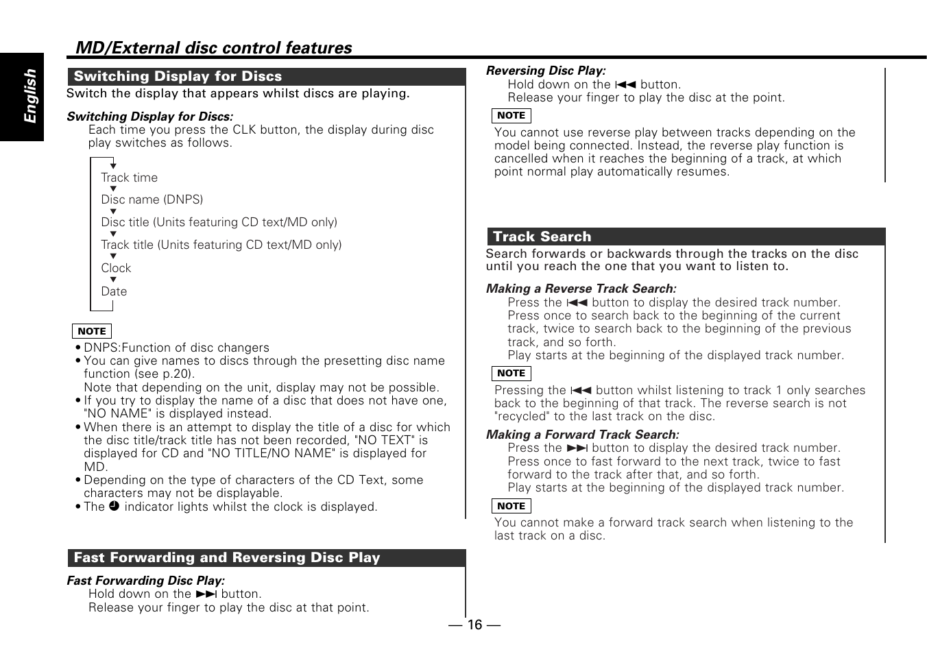 Md/external disc control features, English | Kenwood KMD-673R User Manual | Page 16 / 36