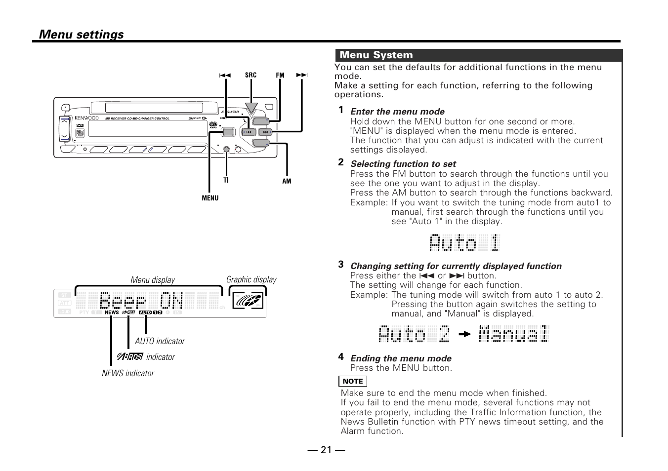 Menu settings, 43 2 1 menu system, Enter the menu mode | Selecting function to set, Changing setting for currently displayed function, Ending the menu mode, Menu display graphic display news indicator, Indicator auto indicator | Kenwood KMD-673R User Manual | Page 21 / 36