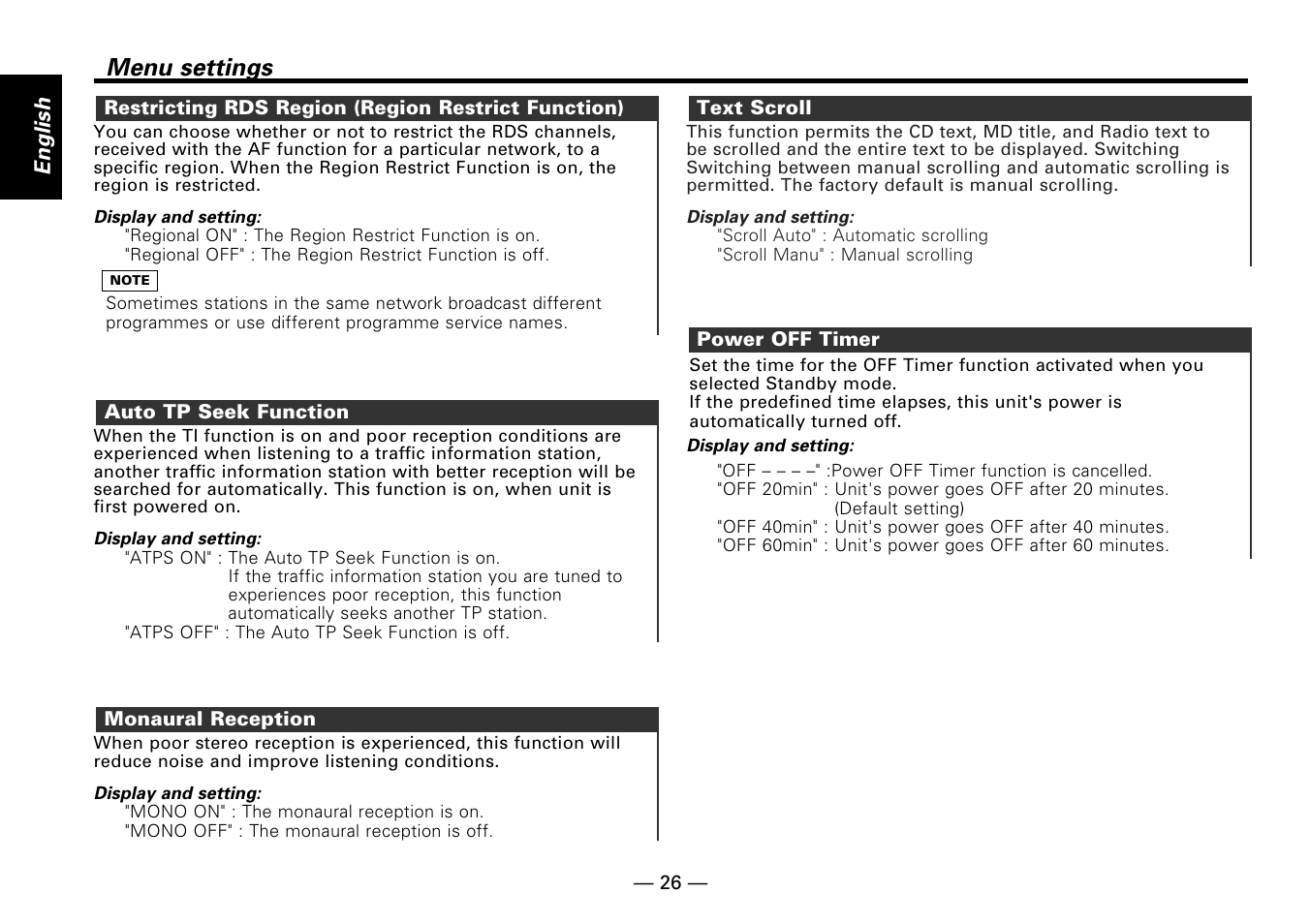 Menu settings | Kenwood KMD-673R User Manual | Page 26 / 36