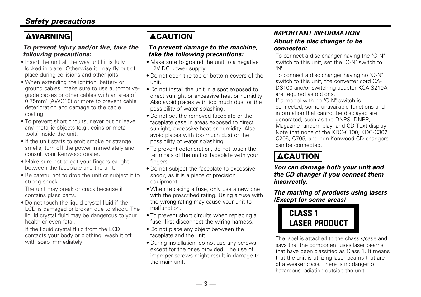 Class 1 laser product, Safety precautions | Kenwood KMD-673R User Manual | Page 3 / 36