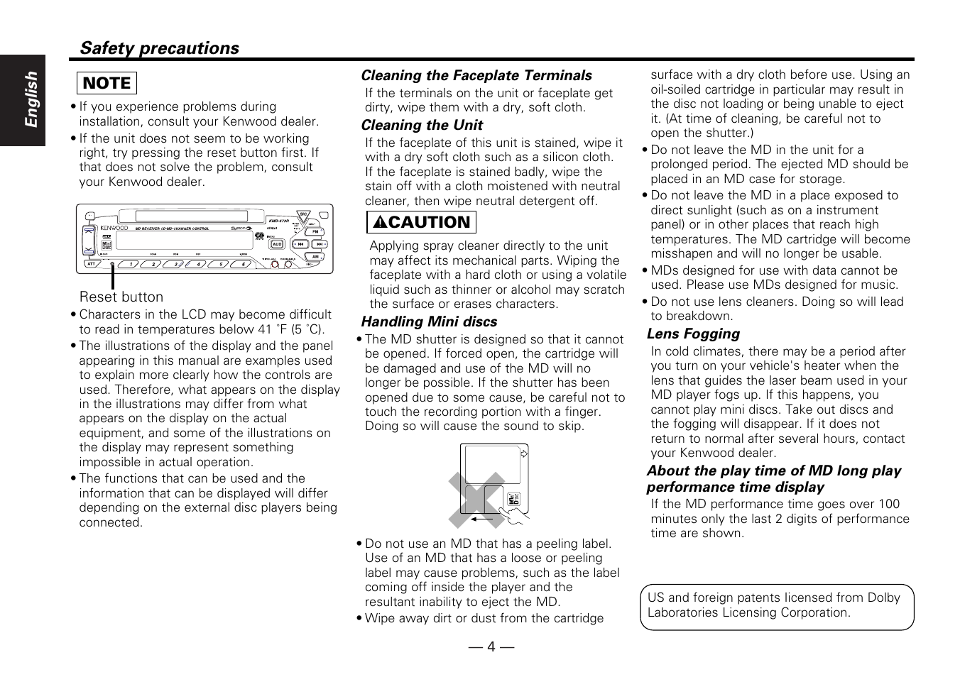 Safety precautions | Kenwood KMD-673R User Manual | Page 4 / 36