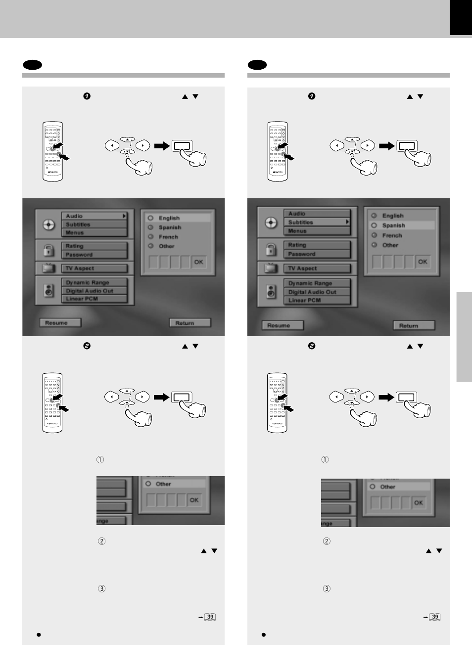 Dvd select audio language, Dvd select subtitle language, Select audio language | Select subtitle language | Kenwood DVF-3550 User Manual | Page 27 / 44