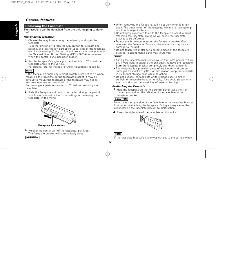 Removing the faceplate, General features | Kenwood KRC-X858 User Manual | Page 12 / 49