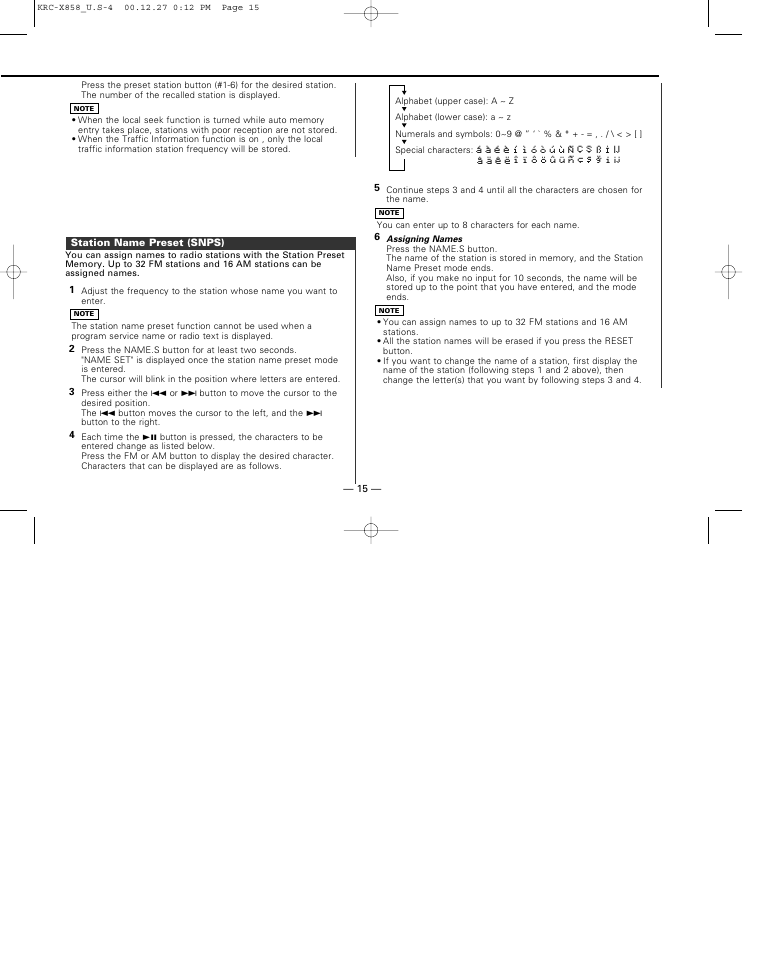 Station name preset (snps) | Kenwood KRC-X858 User Manual | Page 15 / 49