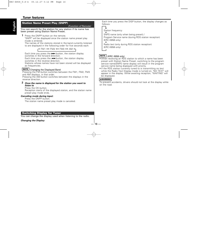 Station name preset play (snpp), Switching display for tuner, Tuner features | Kenwood KRC-X858 User Manual | Page 16 / 49