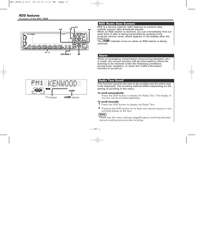 Rds features, Rds (radio data system), Alarm | Radio text scroll, 21 radio text scroll, Function of the krc-x858 | Kenwood KRC-X858 User Manual | Page 17 / 49