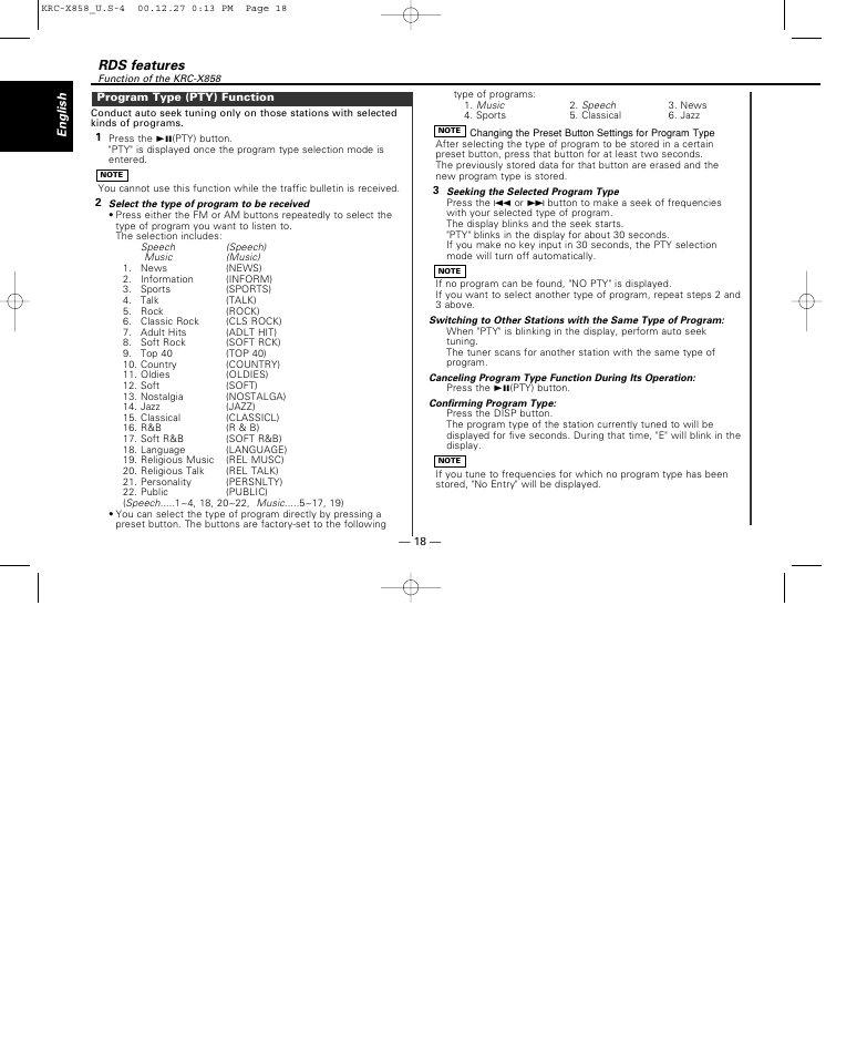 Program type (pty) function, Rds features | Kenwood KRC-X858 User Manual | Page 18 / 49