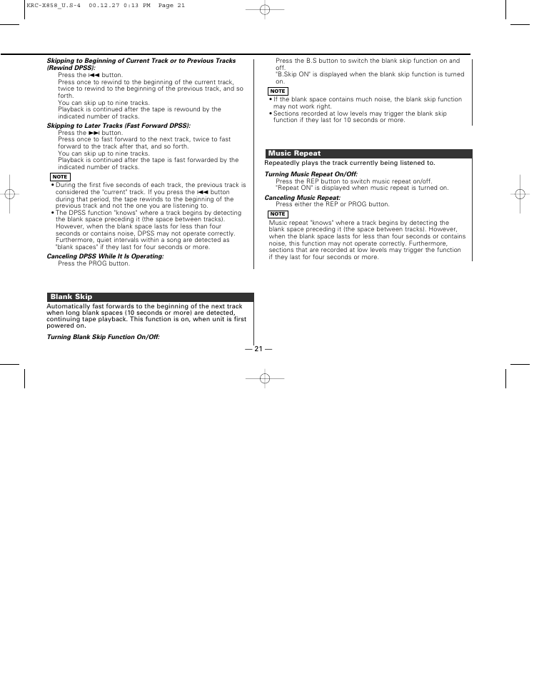 Blank skip, Music repeat | Kenwood KRC-X858 User Manual | Page 21 / 49