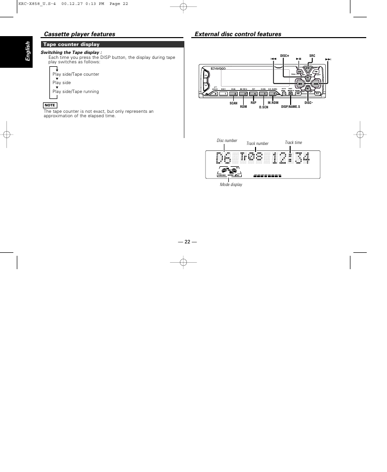 Tape counter display, External disc control features, Cassette player features | English | Kenwood KRC-X858 User Manual | Page 22 / 49