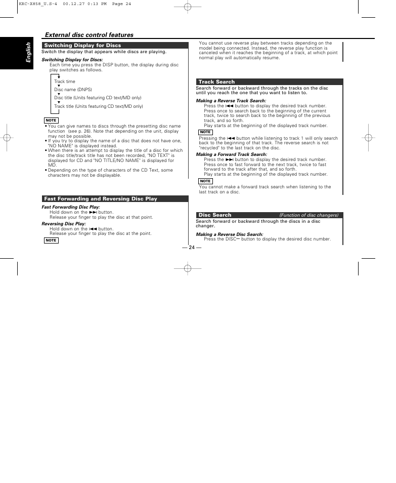 Switching display for discs, Fast forwarding and reversing disc play, Track search | Disc search, External disc control features | Kenwood KRC-X858 User Manual | Page 24 / 49