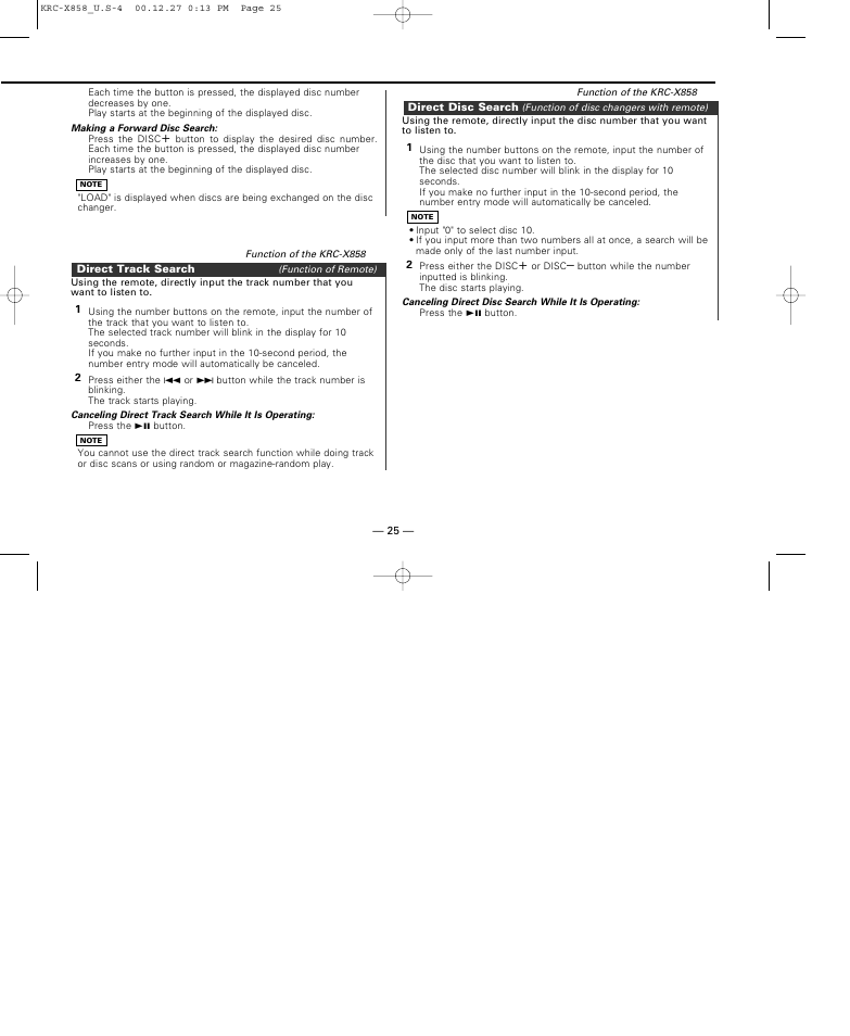 Direct track search, Direct disc search | Kenwood KRC-X858 User Manual | Page 25 / 49