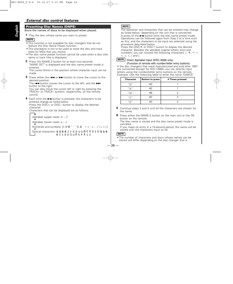 Presetting disc names (dnps), External disc control features | Kenwood KRC-X858 User Manual | Page 26 / 49