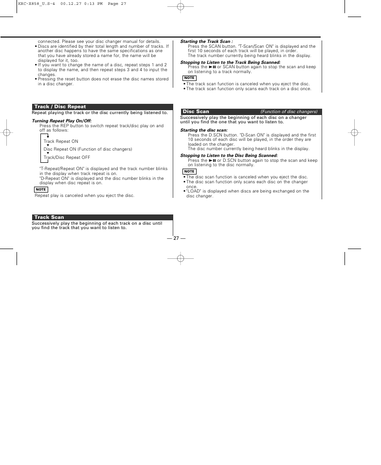 Track / disc repeat, Track scan, Disc scan | Kenwood KRC-X858 User Manual | Page 27 / 49