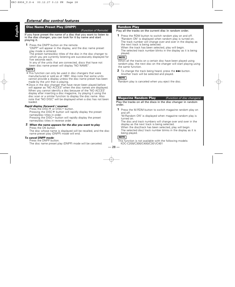 Disc name preset play (dnpp), Random play, Magazine random play | External disc control features | Kenwood KRC-X858 User Manual | Page 28 / 49