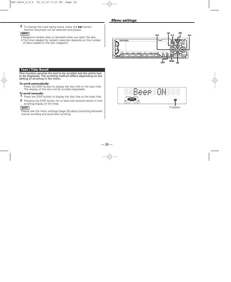 Text / title scroll, Menu settings, 21 text / title scroll | Kenwood KRC-X858 User Manual | Page 29 / 49