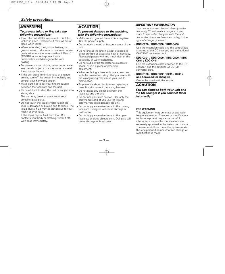 Before use, Safety precautions | Kenwood KRC-X858 User Manual | Page 3 / 49