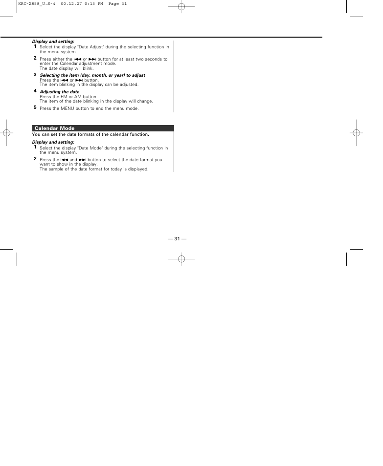 Calendar mode | Kenwood KRC-X858 User Manual | Page 31 / 49