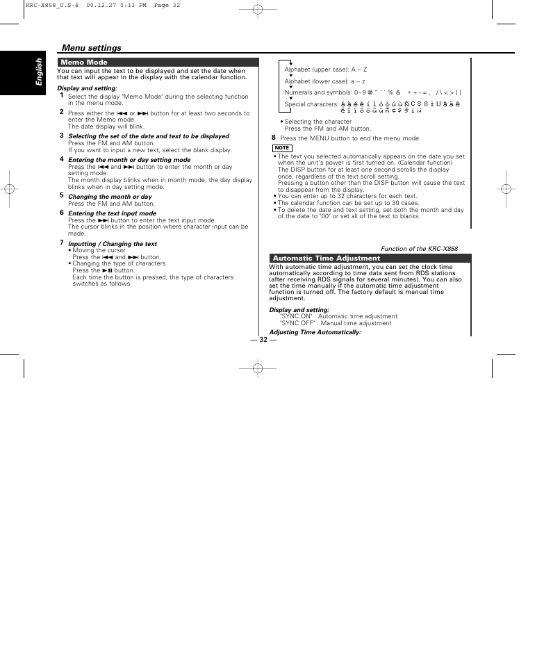 Memo mode, Automatic time adjustment, Menu settings | Kenwood KRC-X858 User Manual | Page 32 / 49