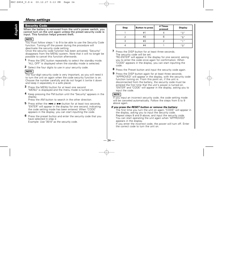 Security code, Menu settings | Kenwood KRC-X858 User Manual | Page 34 / 49