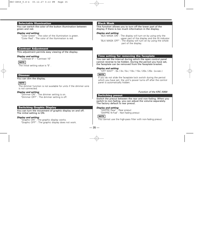 Selectable illumination, Contrast adjustment, Dimmer | Switching graphic display, Black mask, Time setting for removing the faceplate, Switching preout | Kenwood KRC-X858 User Manual | Page 35 / 49