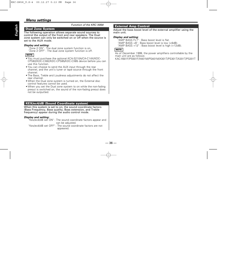 Dual zone system, Kex/ec4/db (sound coordinate system), External amp control | Menu settings | Kenwood KRC-X858 User Manual | Page 36 / 49