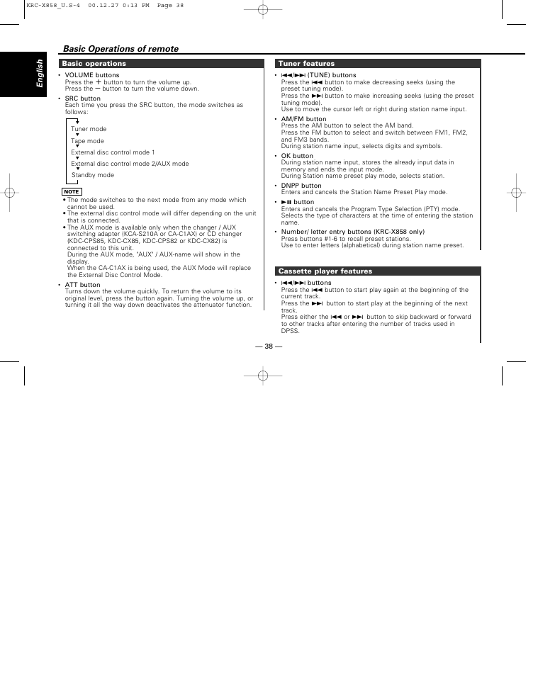 Basic operations, Tuner features, Cassette player features | Basic operations of remote | Kenwood KRC-X858 User Manual | Page 38 / 49