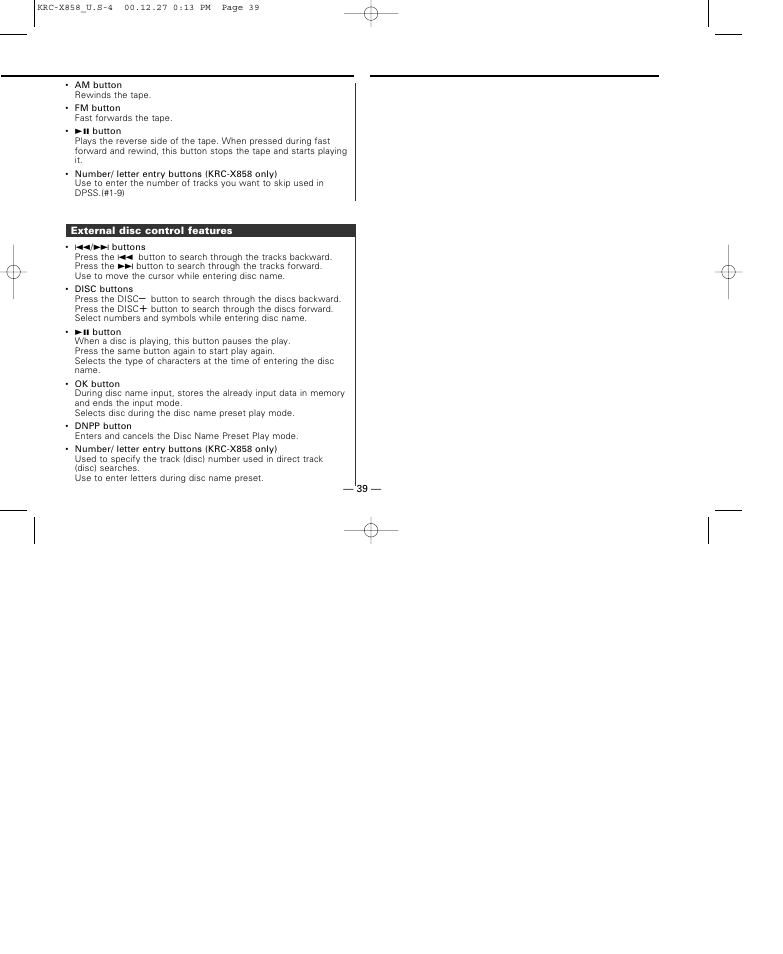 External disc control features | Kenwood KRC-X858 User Manual | Page 39 / 49