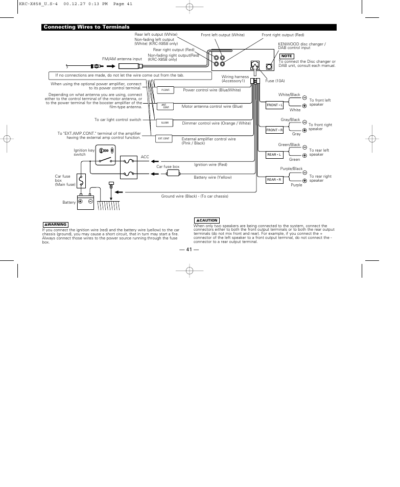 Connecting wires to terminals | Kenwood KRC-X858 User Manual | Page 41 / 49