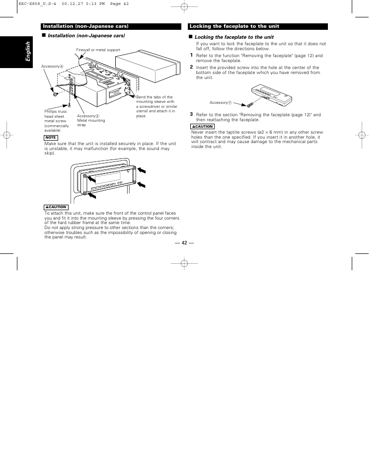 Installation (non-japanese cars), Locking the faceplate to the unit | Kenwood KRC-X858 User Manual | Page 42 / 49