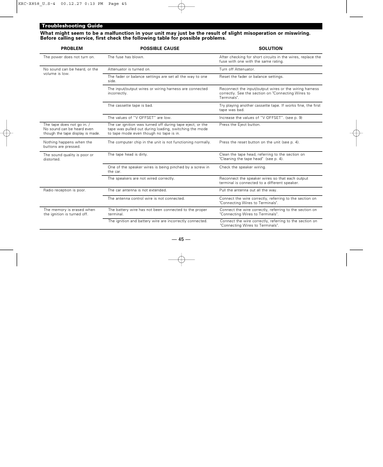 Troubleshooting guide | Kenwood KRC-X858 User Manual | Page 45 / 49