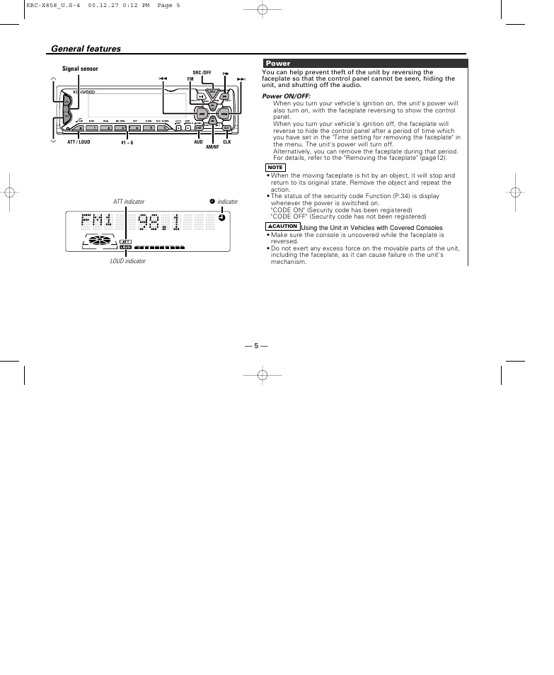 General features, Power | Kenwood KRC-X858 User Manual | Page 5 / 49