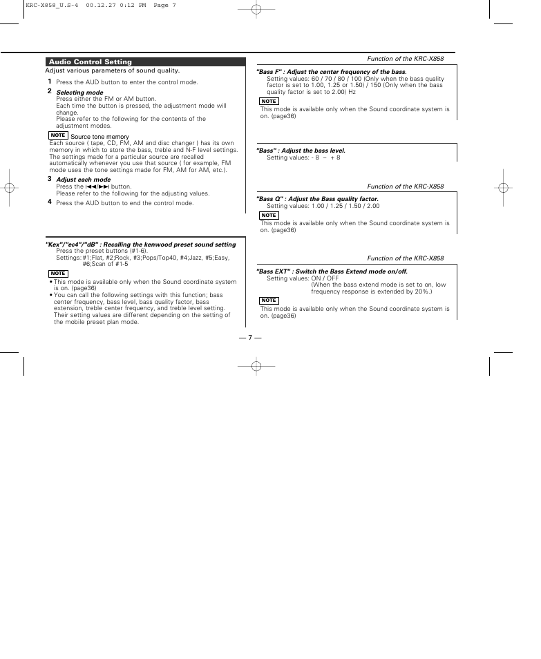 Audio control setting | Kenwood KRC-X858 User Manual | Page 7 / 49