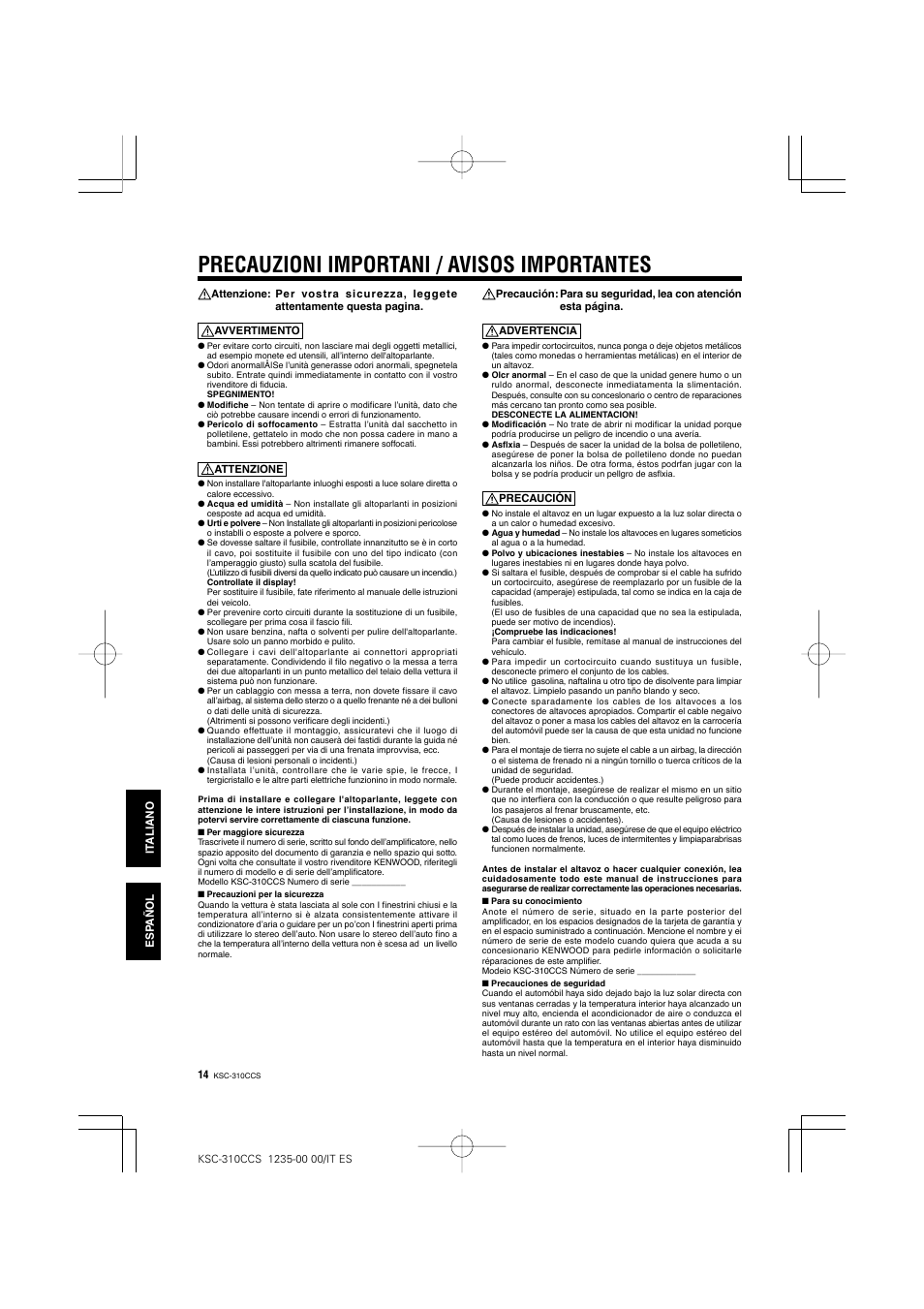 Precauzioni importani / avisos importantes | Kenwood KSC-310CCS User Manual | Page 14 / 20