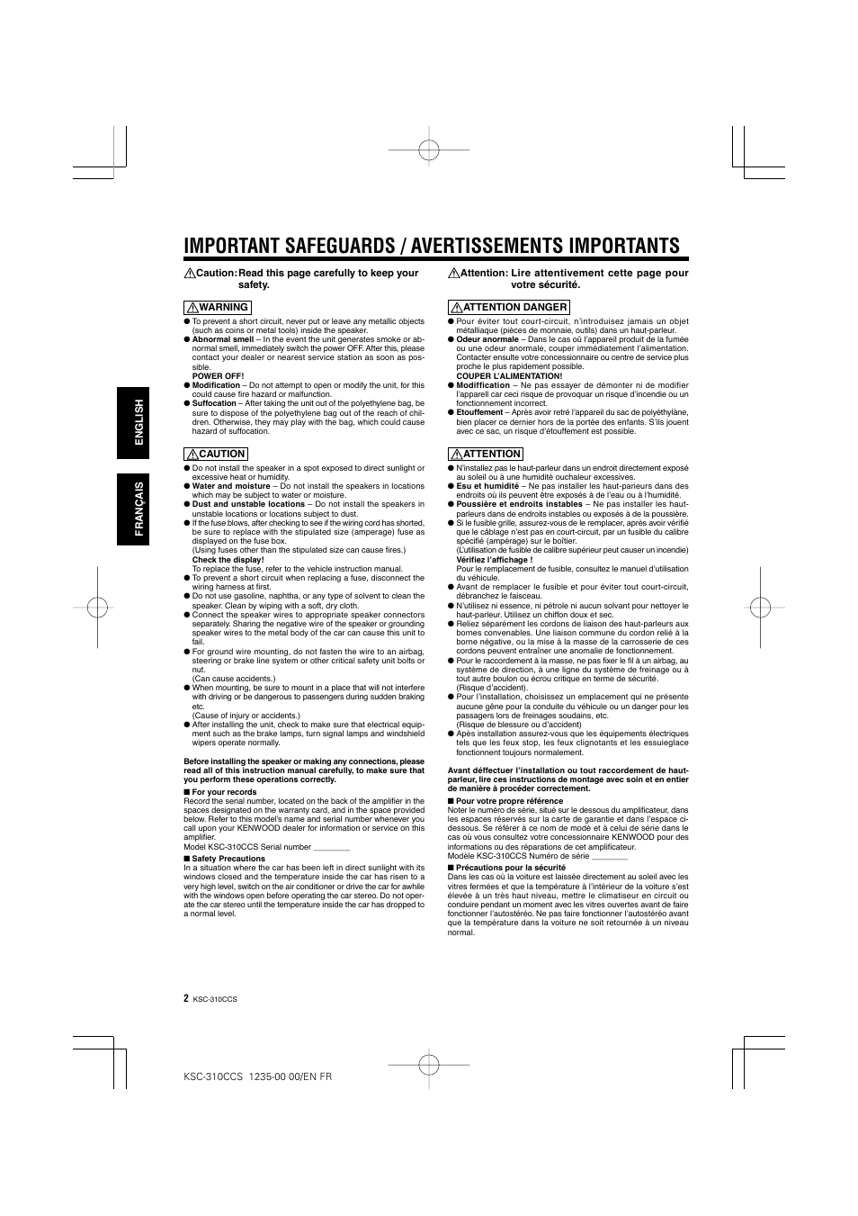 Important safeguards / avertissements importants | Kenwood KSC-310CCS User Manual | Page 2 / 20