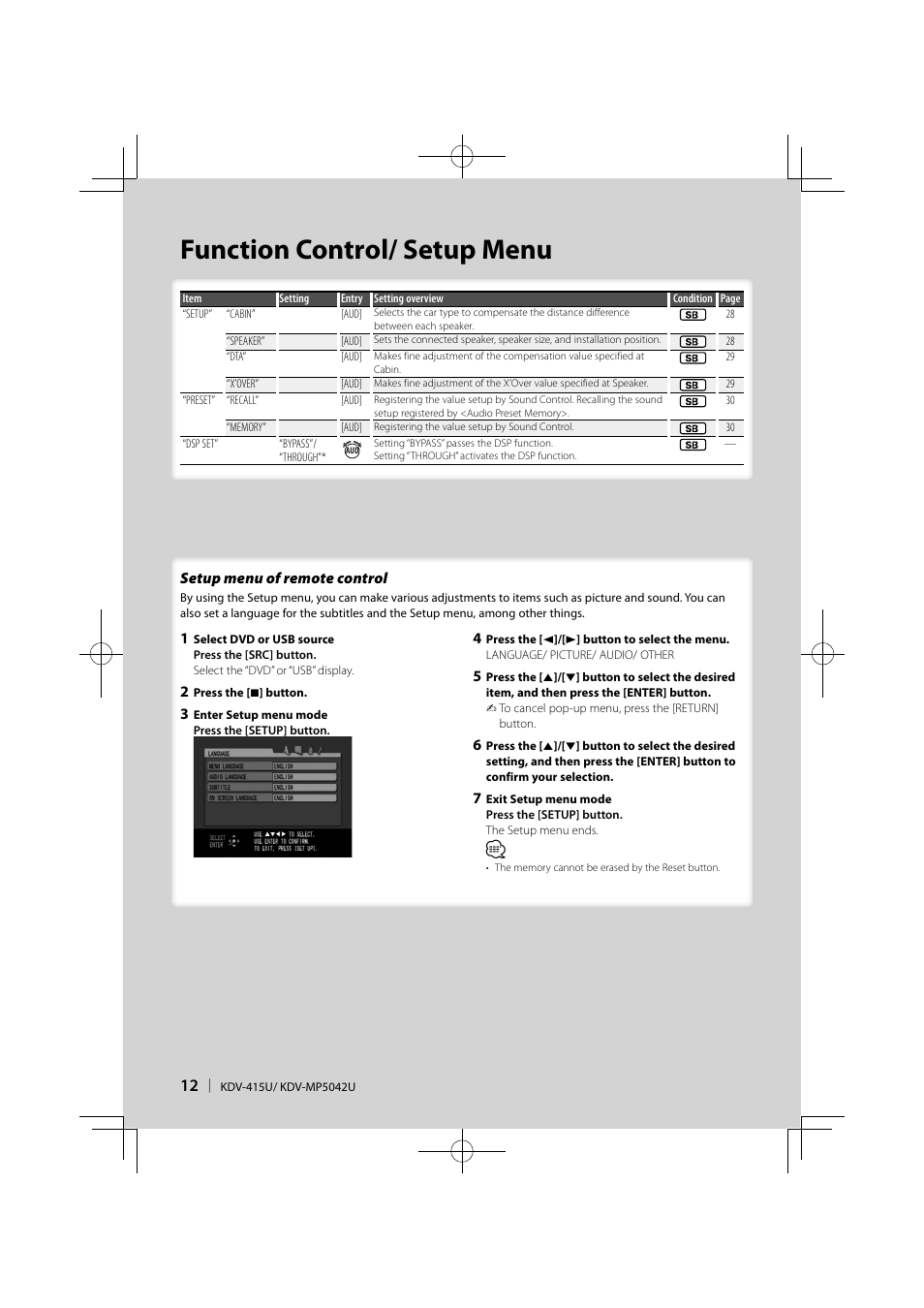 Function control/ setup menu | Kenwood KDV-MP5042U User Manual | Page 12 / 42