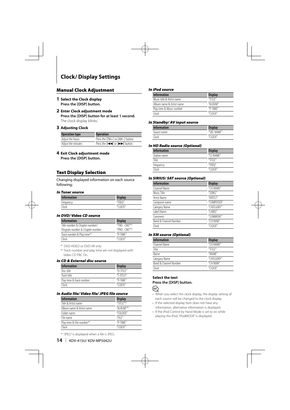 Clock/ display settings, Text display selection, Manual clock adjustment 1 | Kenwood KDV-MP5042U User Manual | Page 14 / 42