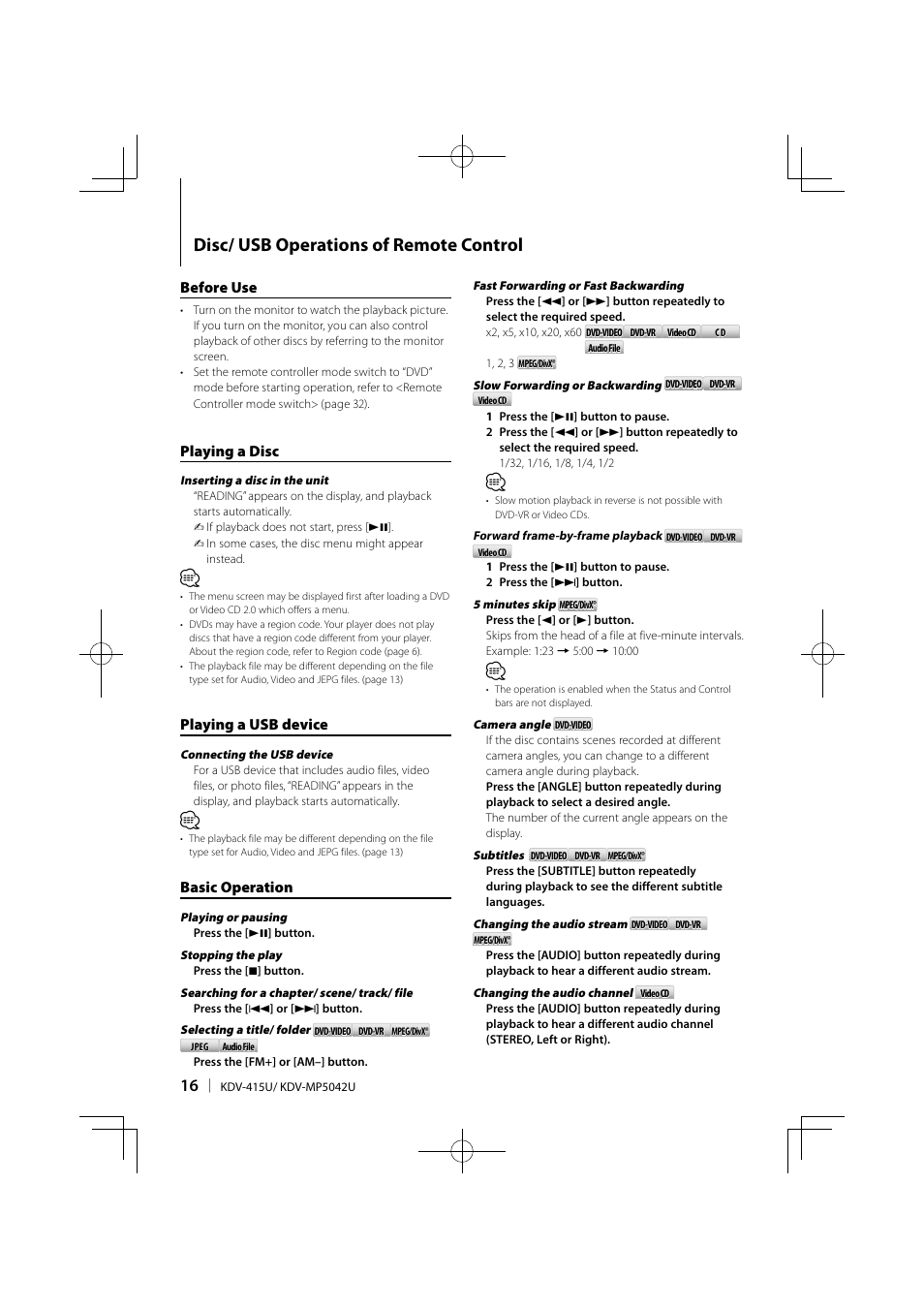 Disc/ usb operations of remote control, Before use, Playing a disc | Playing a usb device, Basic operation | Kenwood KDV-MP5042U User Manual | Page 16 / 42