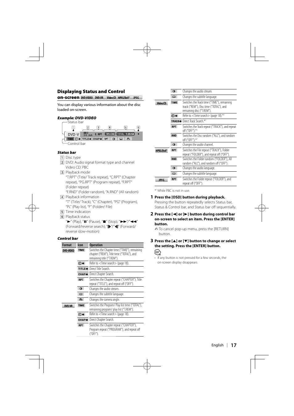 Displaying status and control on-screen | Kenwood KDV-MP5042U User Manual | Page 17 / 42