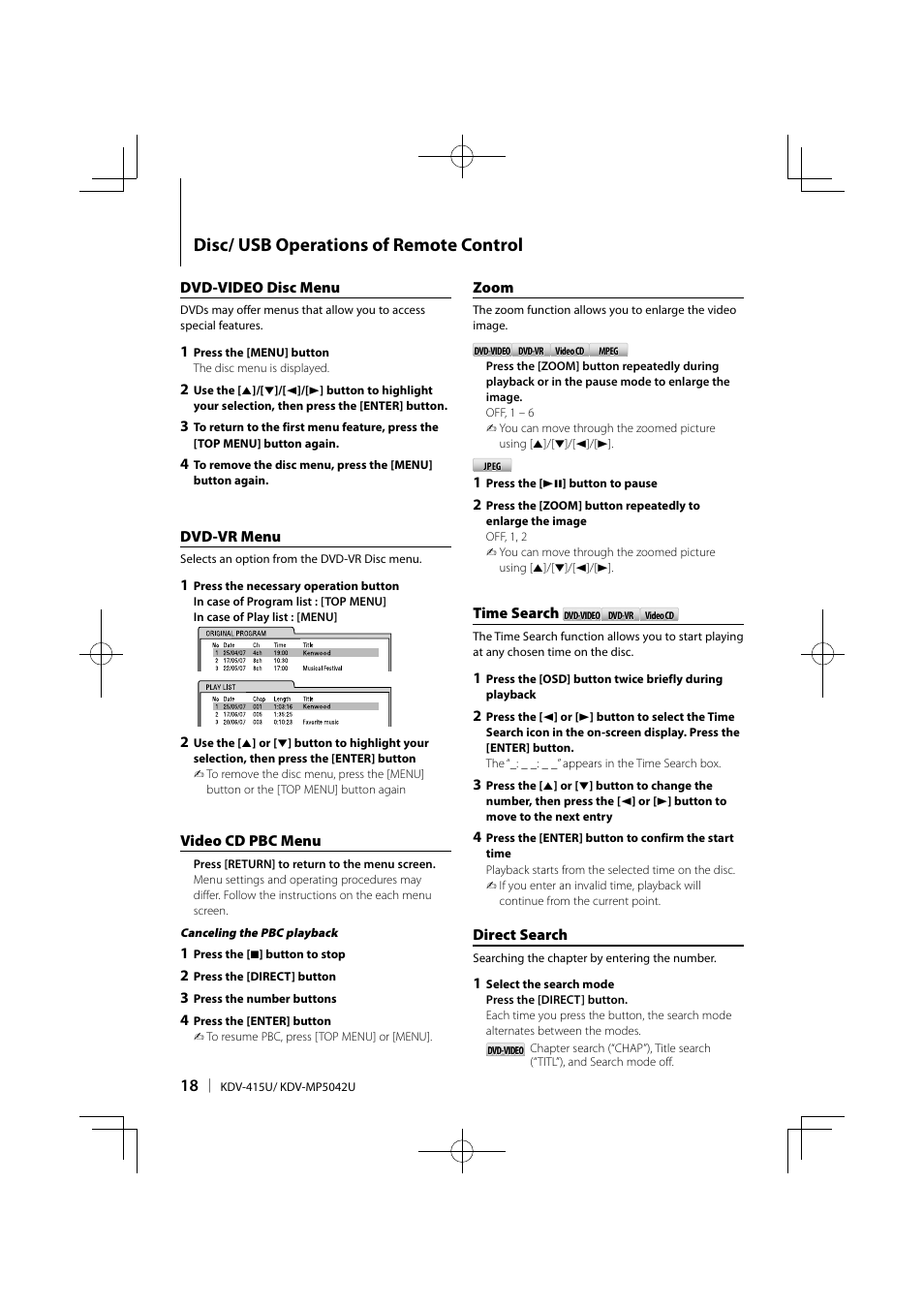 Disc/ usb operations of remote control | Kenwood KDV-MP5042U User Manual | Page 18 / 42