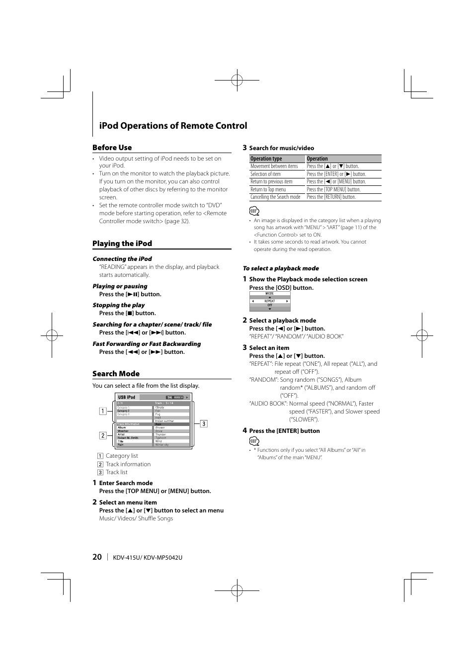 Ipod operations of remote control | Kenwood KDV-MP5042U User Manual | Page 20 / 42