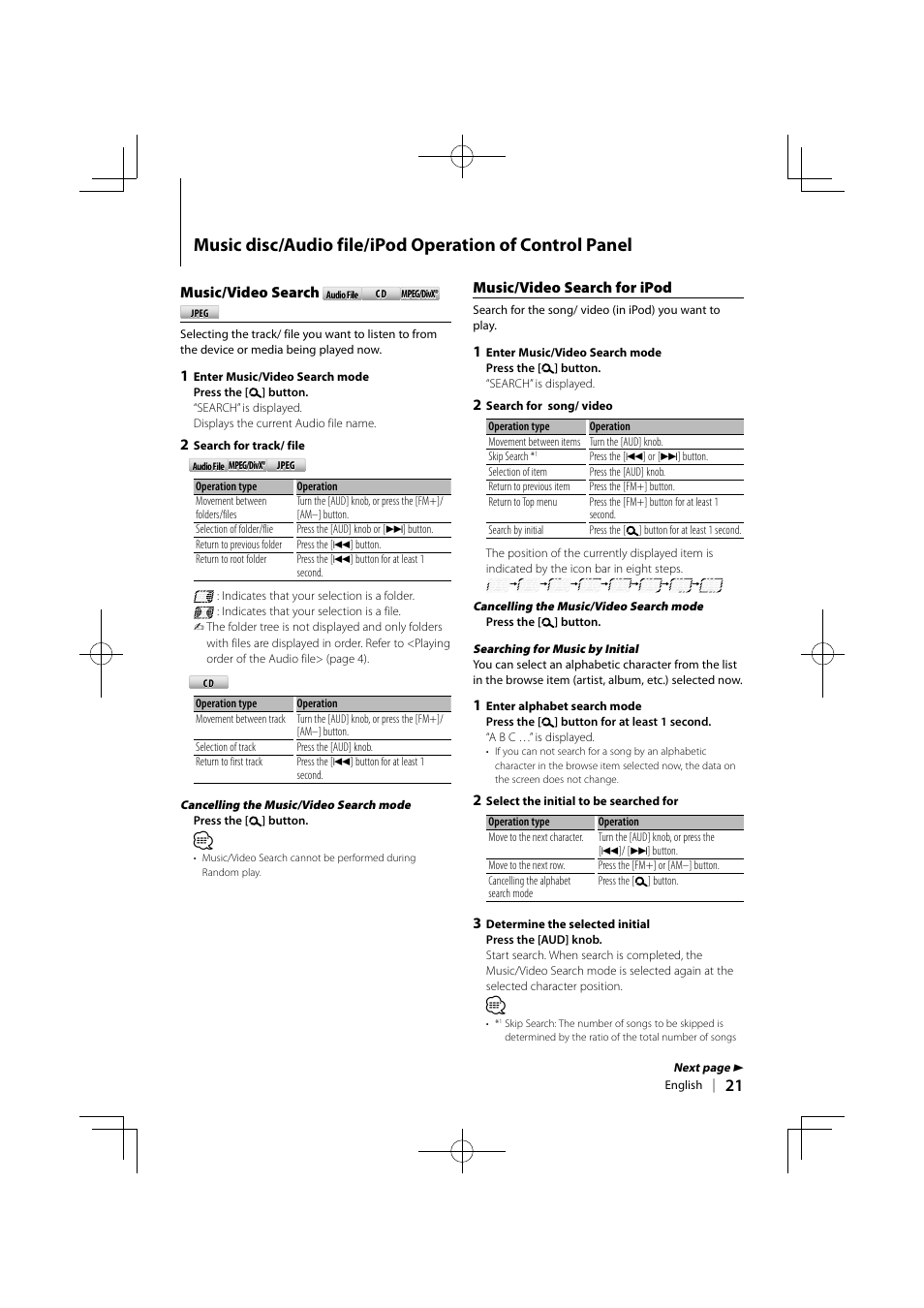 Music/video search, Music/video search for ipod | Kenwood KDV-MP5042U User Manual | Page 21 / 42