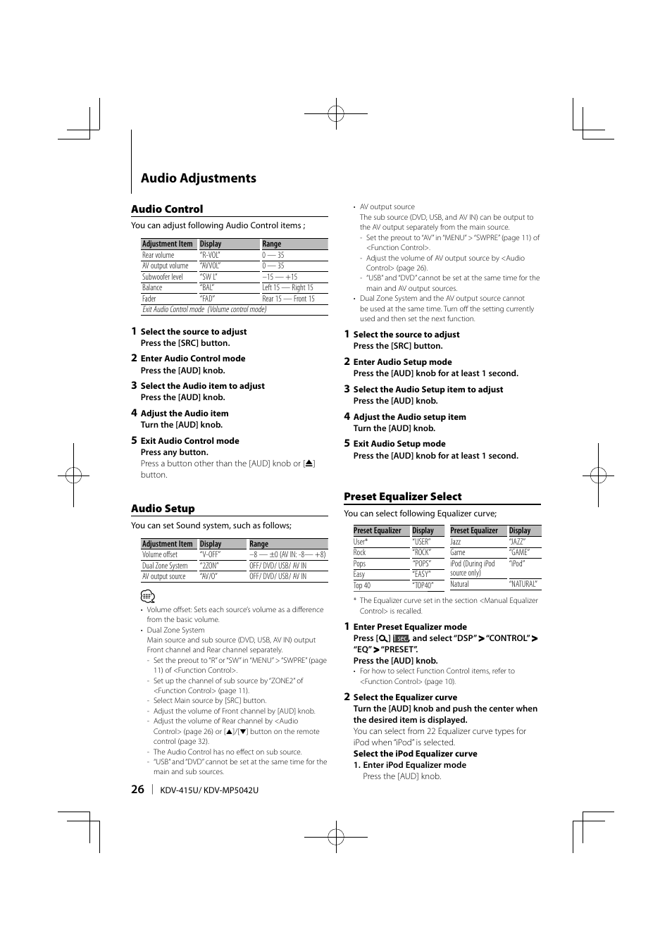 Audio adjustments, Audio control, Audio setup | Preset equalizer select | Kenwood KDV-MP5042U User Manual | Page 26 / 42