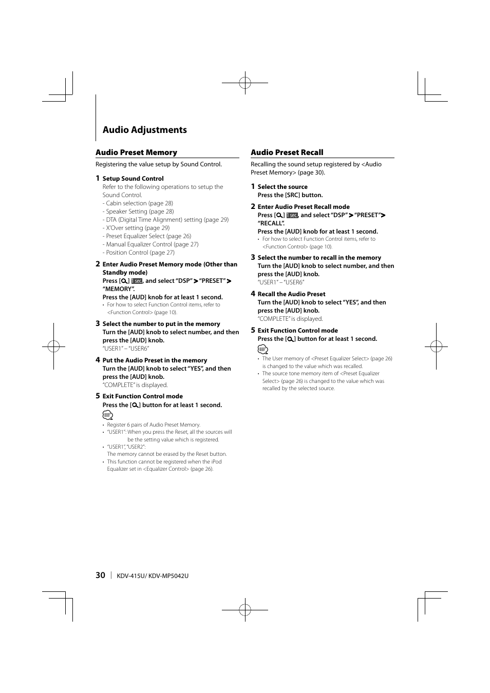 Audio adjustments | Kenwood KDV-MP5042U User Manual | Page 30 / 42