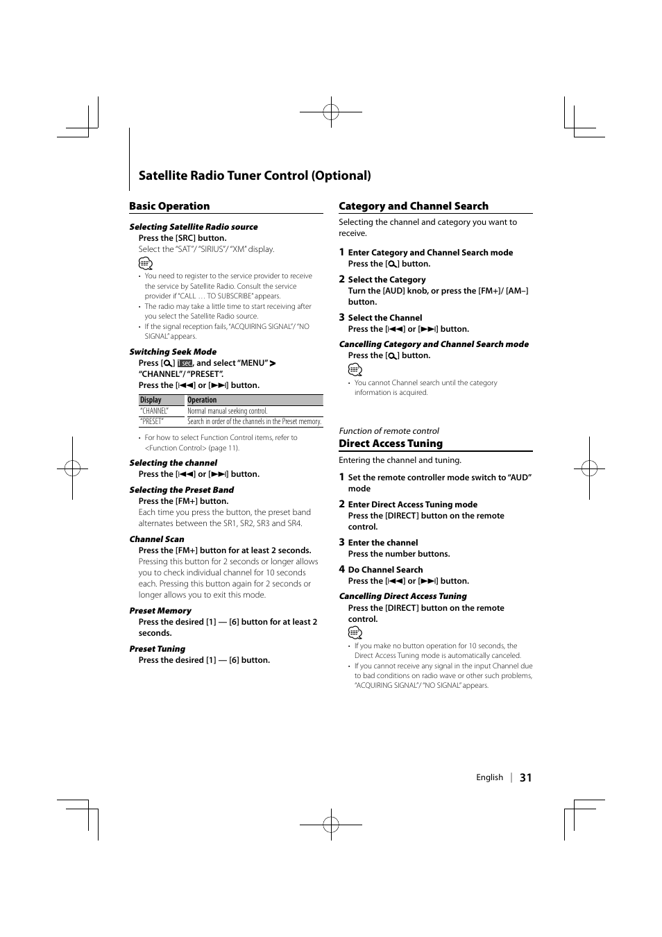 Satellite radio tuner control (optional) | Kenwood KDV-MP5042U User Manual | Page 31 / 42